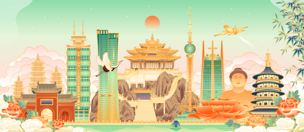 河南洛阳城市地标建筑矢量插画