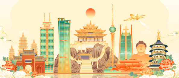 河南洛阳城市地标建筑矢量插画