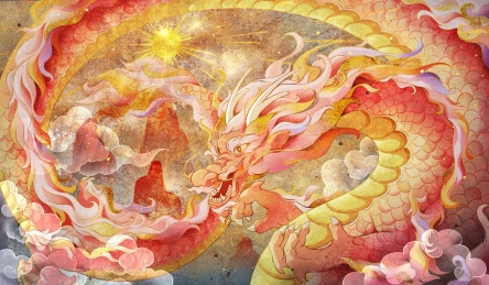 岩彩风格龙插画