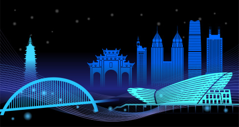 中国浙江省金华市天际线夜景矢量插画