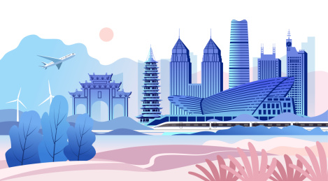  中国浙江省金华市城市天际线旅游矢量插画