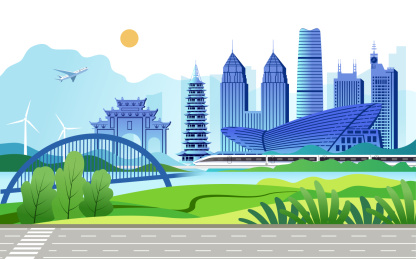  中国浙江省金华市城市天际线旅游矢量插画