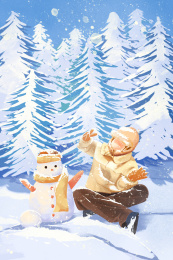 冬季雪地里堆雪人场景插画