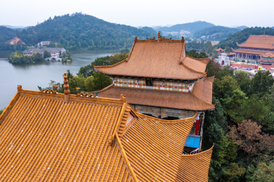 航拍湖南长沙县江背镇印山湖天玺寺