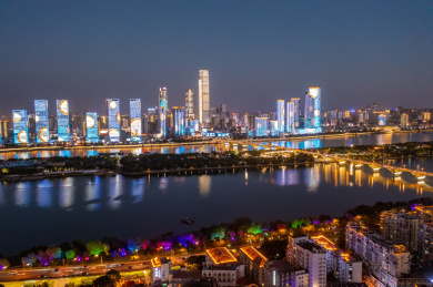 航拍湖南长沙岳麓区城市夜景