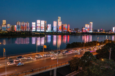 航拍湖南长沙岳麓区城市夜景