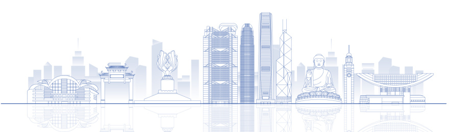 中国香港城市地标建筑蓝色线稿矢量插画海报