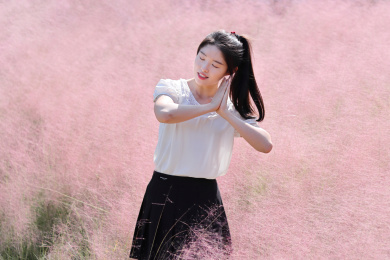 粉黛乱子草花海中的年轻女孩