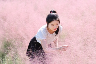 粉黛乱子草花海中的年轻女孩