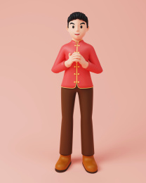 一个男生穿着唐装祝福的手势3D建模插画