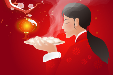 美女吃饺子品尝新年的年味灯笼雪中闪亮