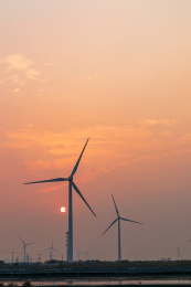 江苏苏州阳澄湖镇夕阳下的风车阵