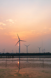 江苏苏州阳澄湖镇夕阳下的风车阵