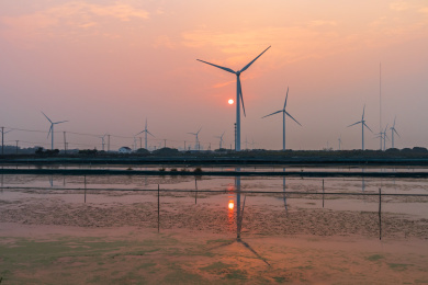 江苏苏州阳澄湖镇夕阳下的风车阵