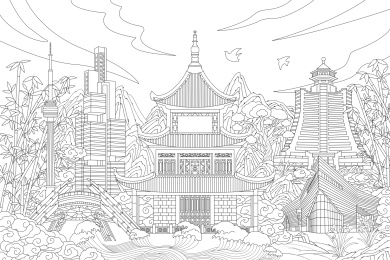 国潮风城市贵州贵阳地标建筑黑色描边插画横