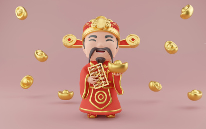 掉元宝背景拿金算盘和元宝的开心3D财神