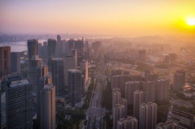 航拍杭州钱塘江两岸CBD街景