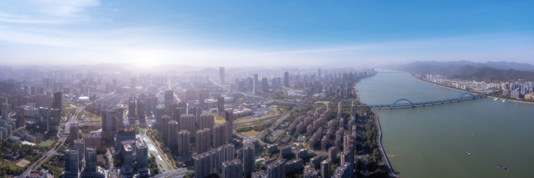 航拍杭州钱塘江两岸CBD街景