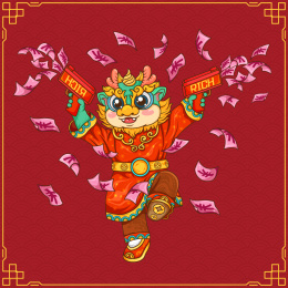 龙年喷钱枪矢量国潮促销喷洒钱币卡通龙插画