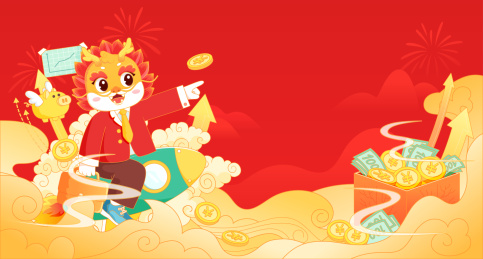 春节卡通龙形象坐火箭手指前方横幅矢量海报