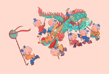 龙年民俗年画儿童舞龙传统文化庆祝春节