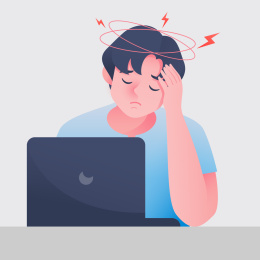 男生坐在电脑前头晕头痛疲惫状态矢量插画