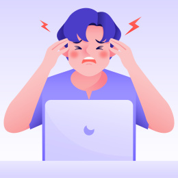 男生坐在电脑前头痛头晕精神状态不佳矢量