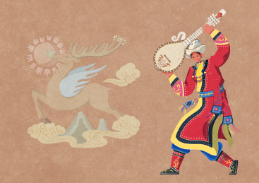 裕固族举着天鹅琴的男性