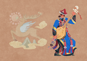 裕固族弹奏天鹅琴的妇女