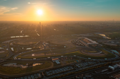 上海市嘉定区F1赛车场日出航拍风景