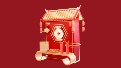 3d中式年货节春节集市摊喜庆场景元素插画