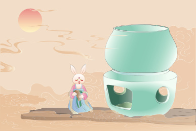 国潮古风盆景茶炉香薰宫装汉服兔娘矢量插画