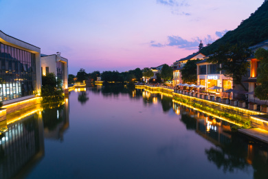 浙江杭州湘湖金融镇风情特色小镇建筑夜风光