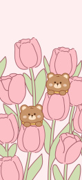 郁金香花朵可爱卡通小熊手机壁纸插画