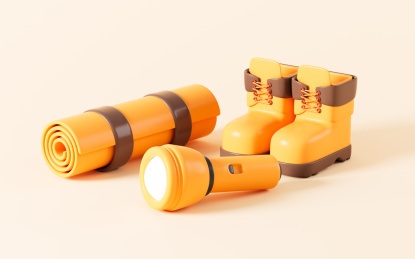 卡通登山靴手电筒地垫装备3D渲染