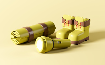 卡通登山靴手电筒地垫装备3D渲染