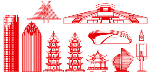 剪纸风格福建泉州城市地标建筑插画