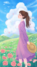 蓝天白云春天里一个女生仰头感受微风习习