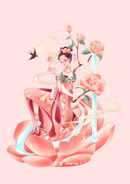 国潮玫瑰花溪水手捧明月古风仕女图