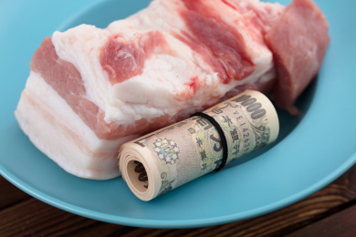 盘子里的猪肉和日元钞票