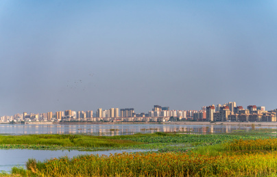 山东济宁邹城孟子湖湿地公园夏日荷花渔船