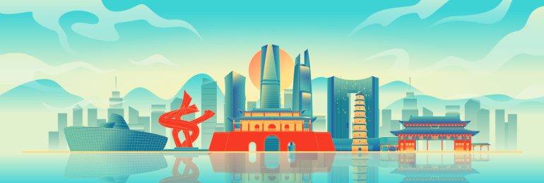 国风东莞城市地标建筑彩色矢量插画海报
