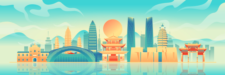 国风昆明城市地标建筑彩色矢量插画海报