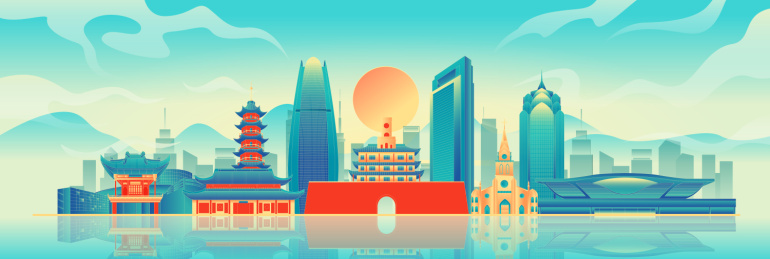 国风宁波城市地标建筑彩色矢量插画海报