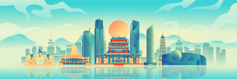 国风南宁城市地标建筑彩色矢量插画海报