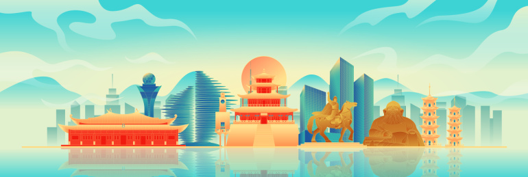 国风泉州城市地标建筑彩色矢量插画海报