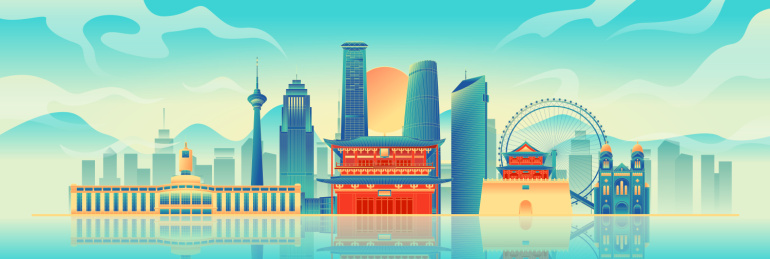 国风天津城市地标建筑彩色矢量插画海报