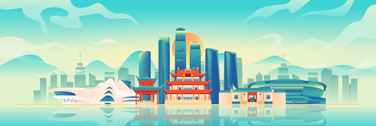 国风长沙城市地标建筑彩色矢量插画海报