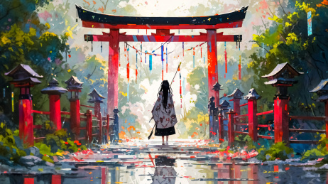 鸟居下的女孩