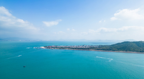 海南三亚西岛海洋文化旅游区蓝天白云下的牛
